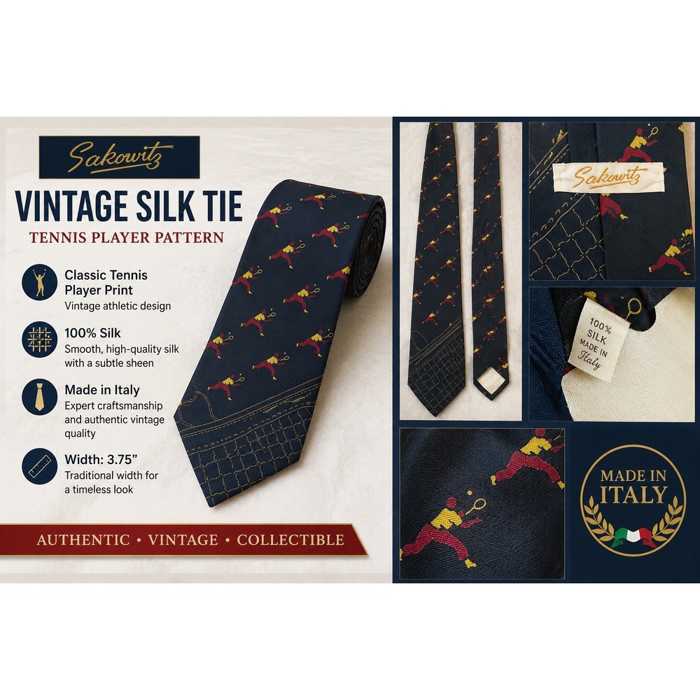 Sakowitz Vintage Silk Tie Mens Navy Blue Tennis Player Pattern Made in Italy